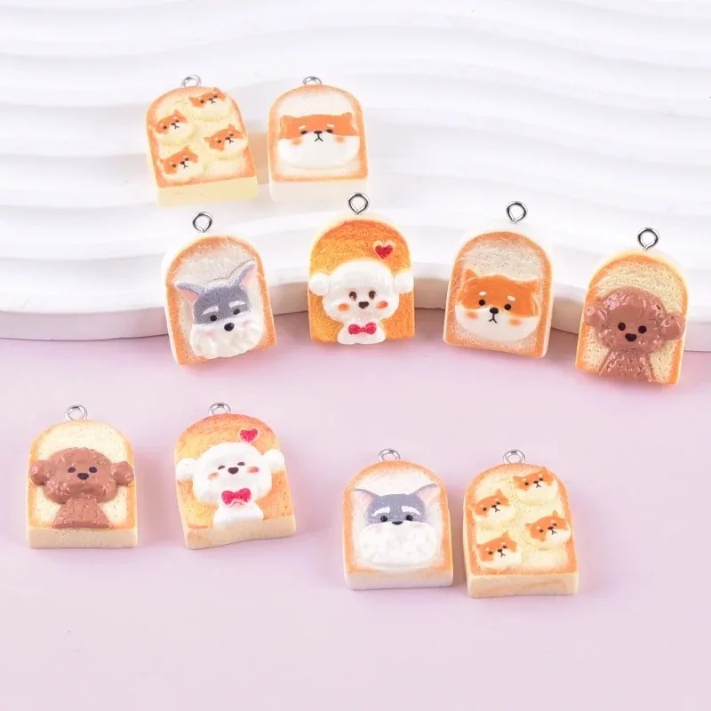 Art Craft Decoration - 10 個かわいいトースト犬樹脂ペンダント漫画動物チャーム DIY クラフト用品イヤリングキーホルダーファッションジュエリー装飾